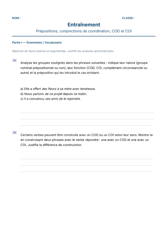 Première page de l'évaluation de français niveau Expert : analyse complète de groupes soulignés — nature, fonction, préposition — puis construction de deux phrases à justifier.