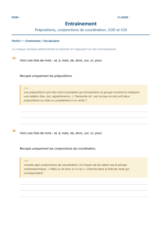 Première page de l'évaluation de français niveau Soutien : la liste de mots est découpée en deux questions distinctes, chacune accompagnée d'un encadré « Aide ».