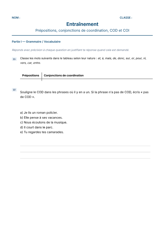 Première page de l'évaluation de français niveau Standard : un tableau à deux colonnes à compléter, puis cinq phrases dans lesquelles repérer le complément d'objet direct.