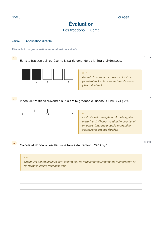 Première page de l'évaluation de mathématiques de 6e sur les fractions, niveau Soutien : une figure en cinq cases dont deux coloriées, une droite graduée de 0 à 1, et trois encadrés « Aide ».