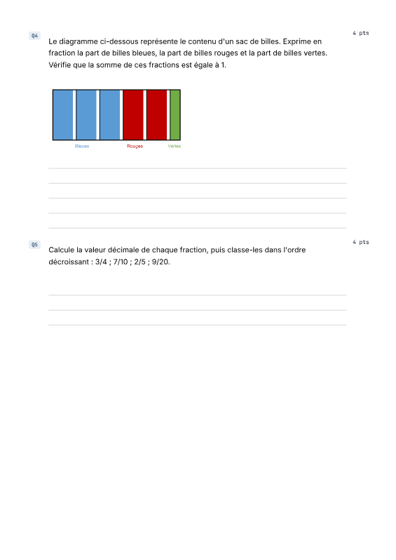 Page de l'évaluation de mathématiques de 6e sur les fractions, niveau Standard : un diagramme en barres coloré représentant un sac de billes, dont il faut exprimer chaque part en fraction.